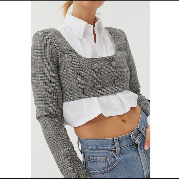 For Love & Lemons Frankie Plaid Crop Top Grey Wool Blend Large MSRP $189 - Picture 3 of 10